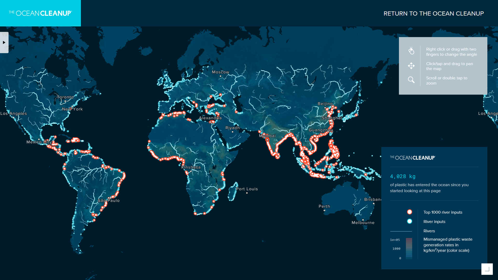 Rivers are a major source of plastic waste in the oceans. We estimate that 1000 rivers, represented by the red dots, are accountable for nearly 80% of global annual riverine plastic emissions, which range between 0.8  2.7 million metric tons per year, with small urban rivers amongst the most polluting. The remaining 20% of plastic emissions are distributed over 30,000 rivers, represented by smaller blue dots.