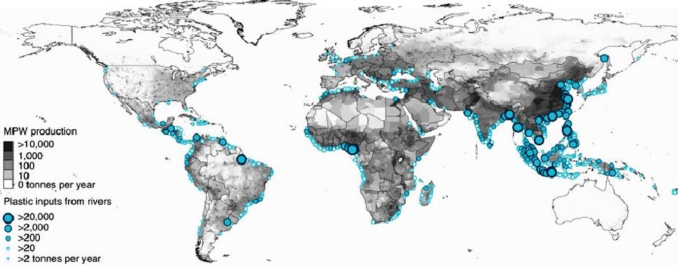 Map of the world river plastic hotspots, Laurent et al 2017