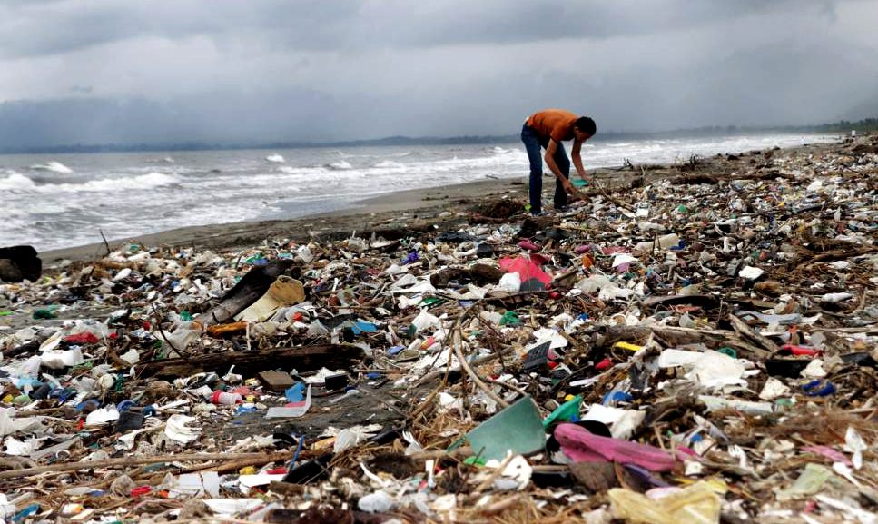 A Honduras beach littered with marine plastic