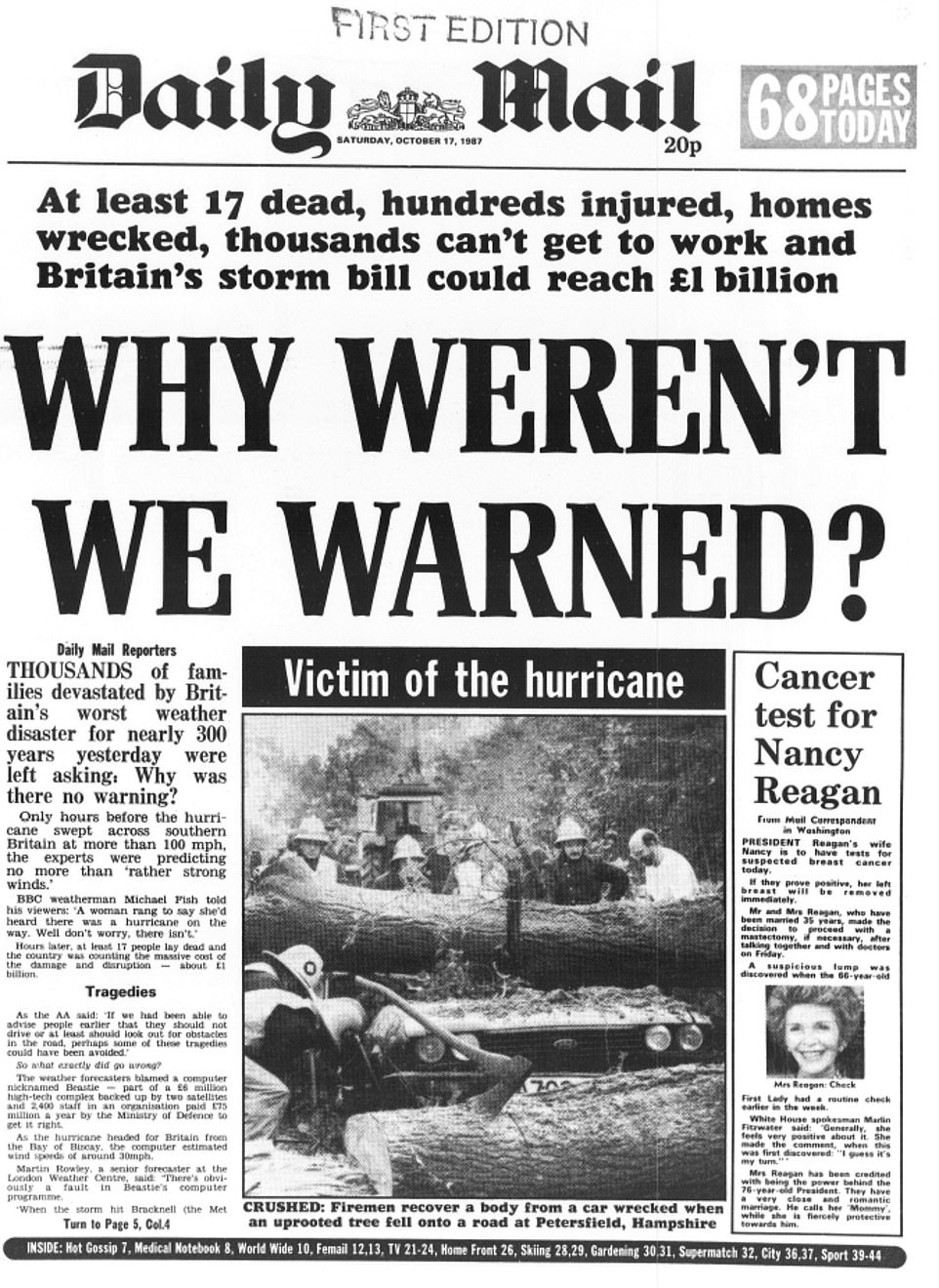 Storm 1987 the Great October why were we not warned? Daily Mail frontpage