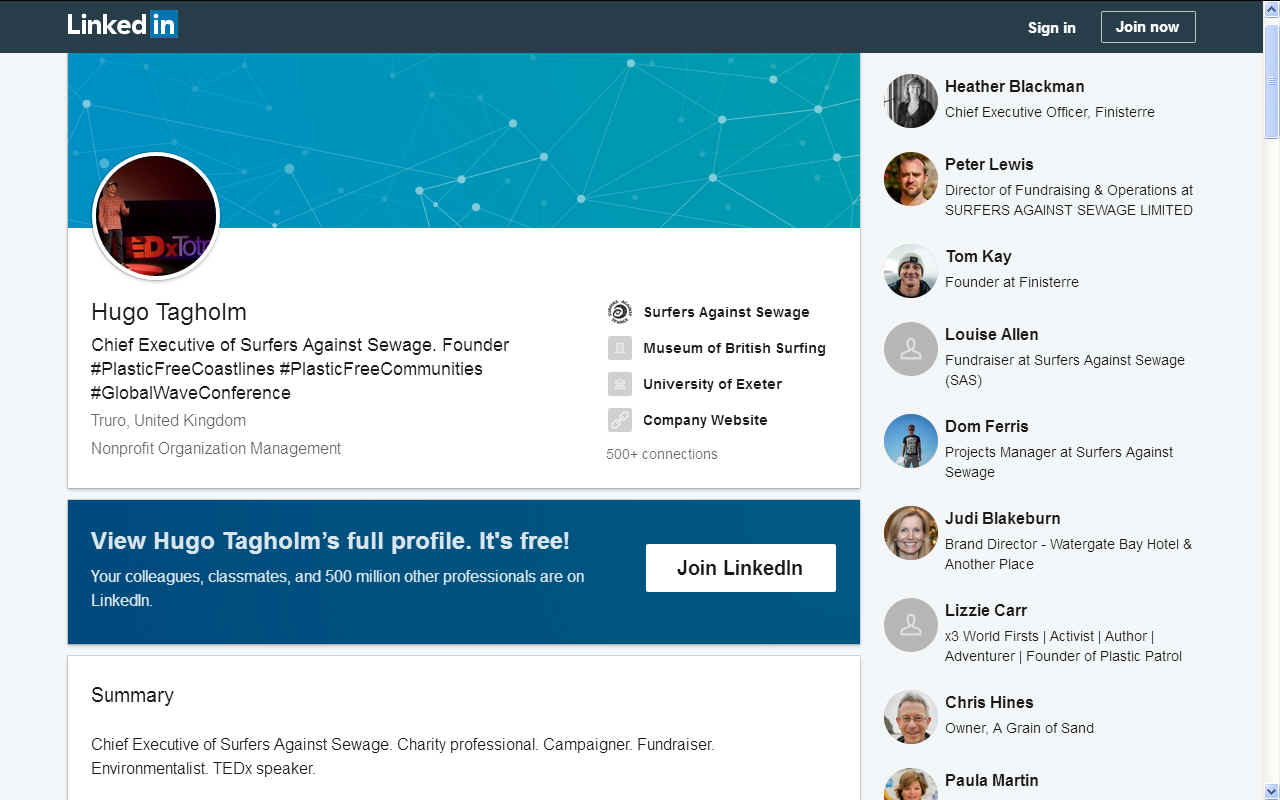 Hugo Tagholm's Linkedin page, surfers against sewage